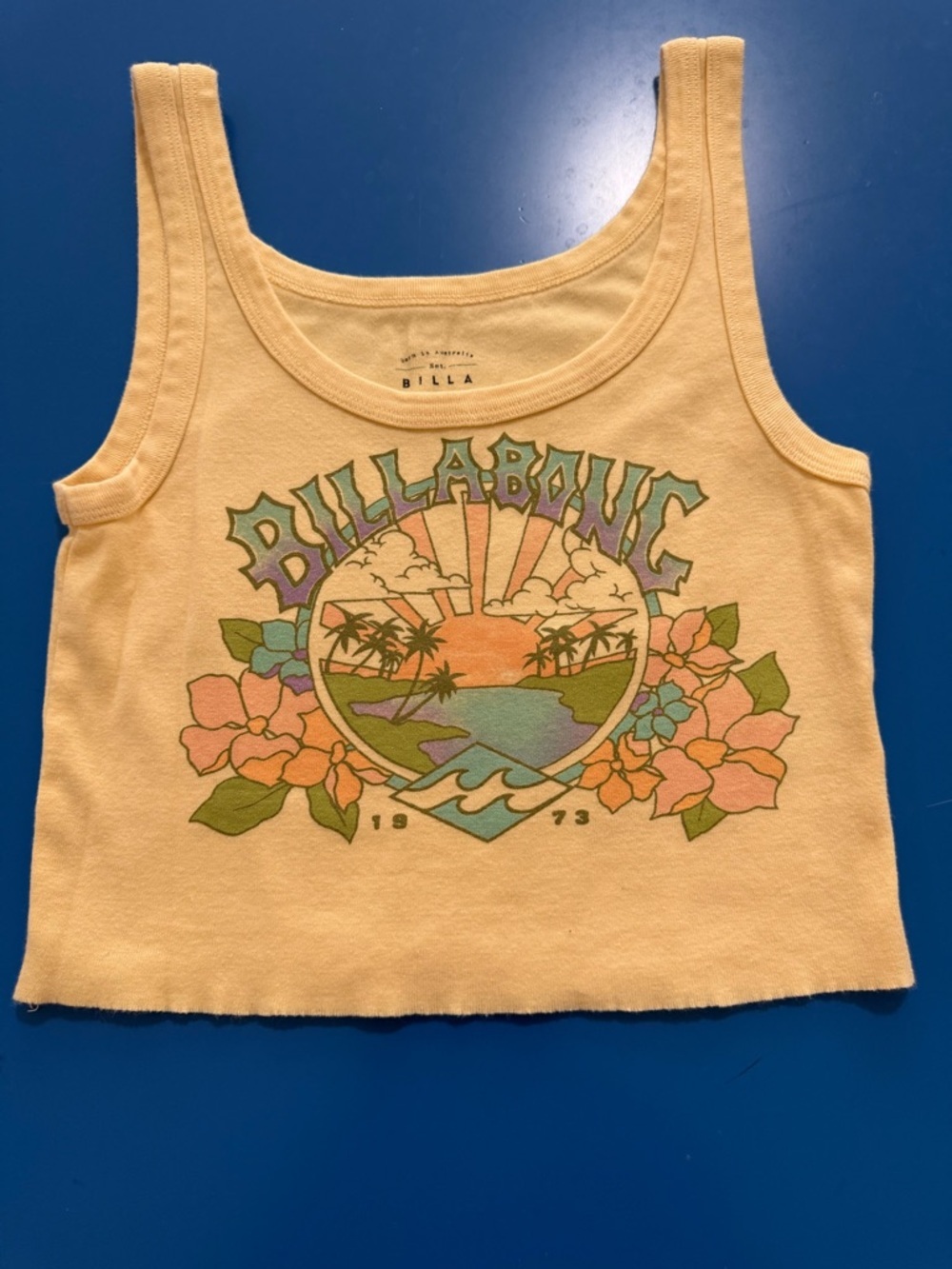 Billabong Yellow Graphic Tank Top with Tropical Sunset. Size XS. Like New